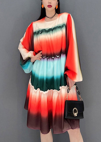 Gradient Color O-neck Ruffled Patchwork a Line Dresses Long Sleeve
