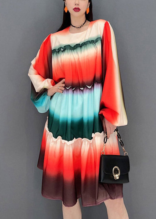 Gradient Color O-neck Ruffled Patchwork a Line Dresses Long Sleeve