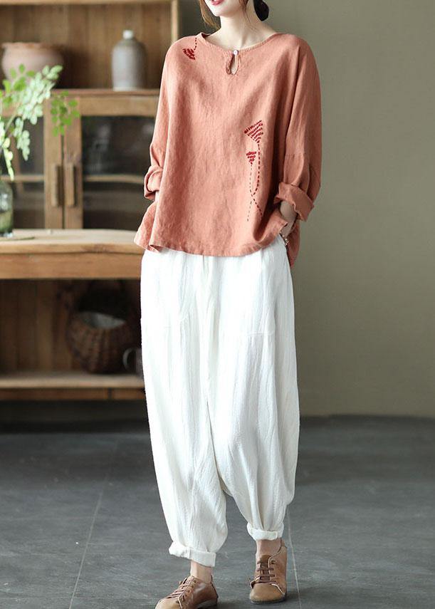 Fine Pink Oriental Retro O-neck Fall Linen Long Sleeve Blouse Tops