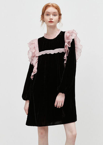 Black Stand Collar Patchwork Ruffled Velour Mid Dresses Spring