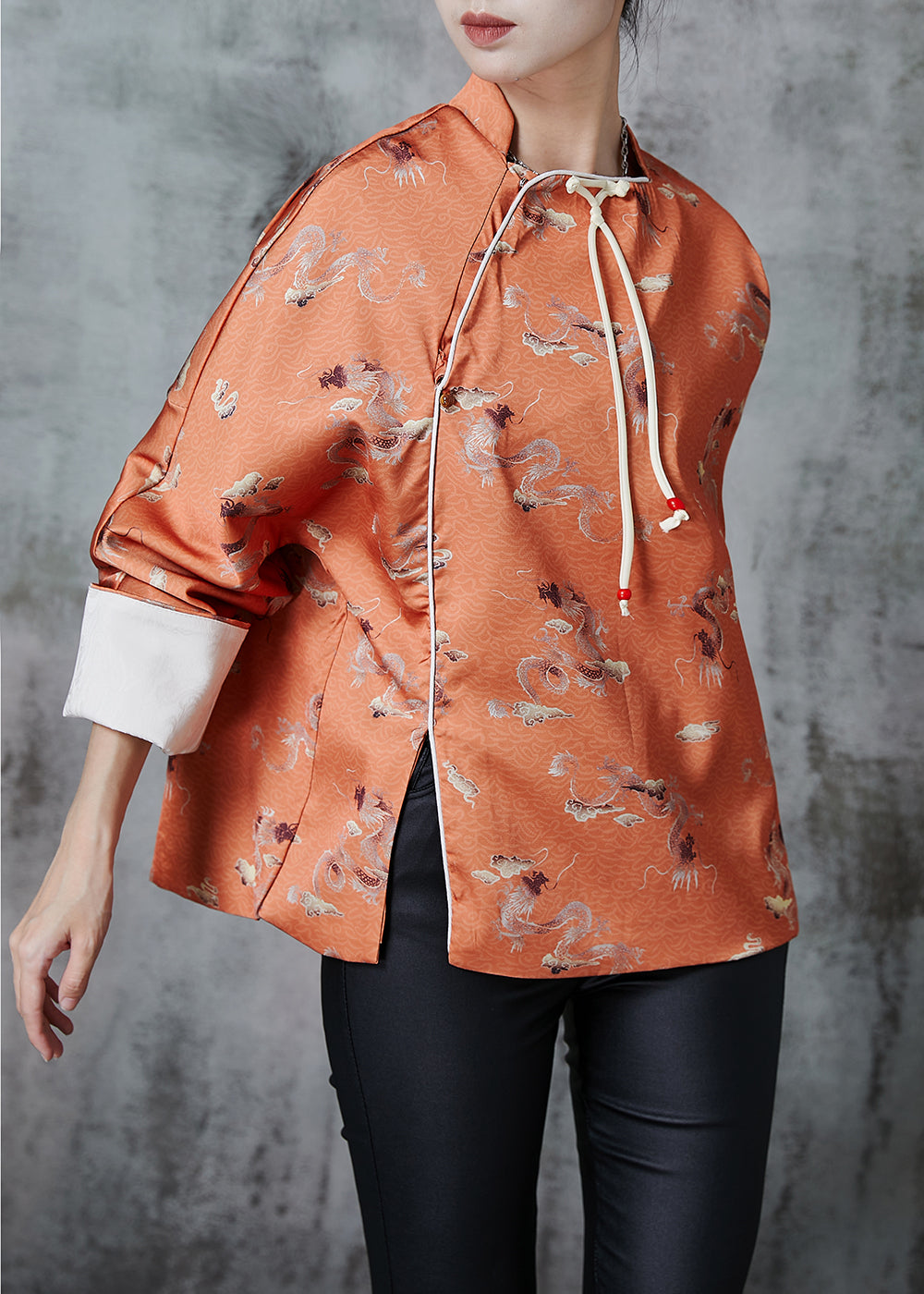 Orange Tasseled Print Side Open Silk Oriental Coats Fall