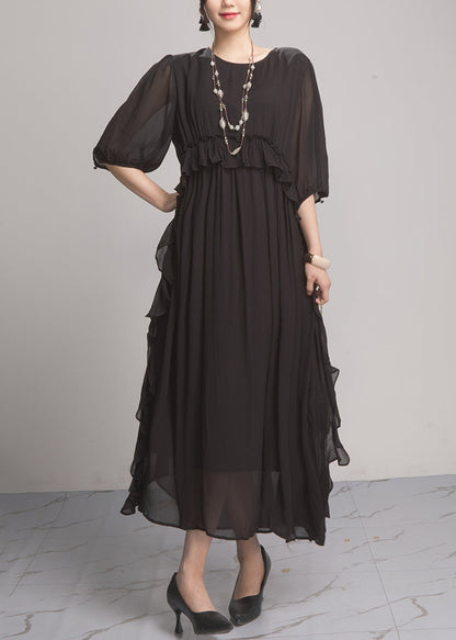 Handmade Green O-neck Ruffled Wrinkled Vacation Chiffon Maxi Dresses Lantern Sleeve