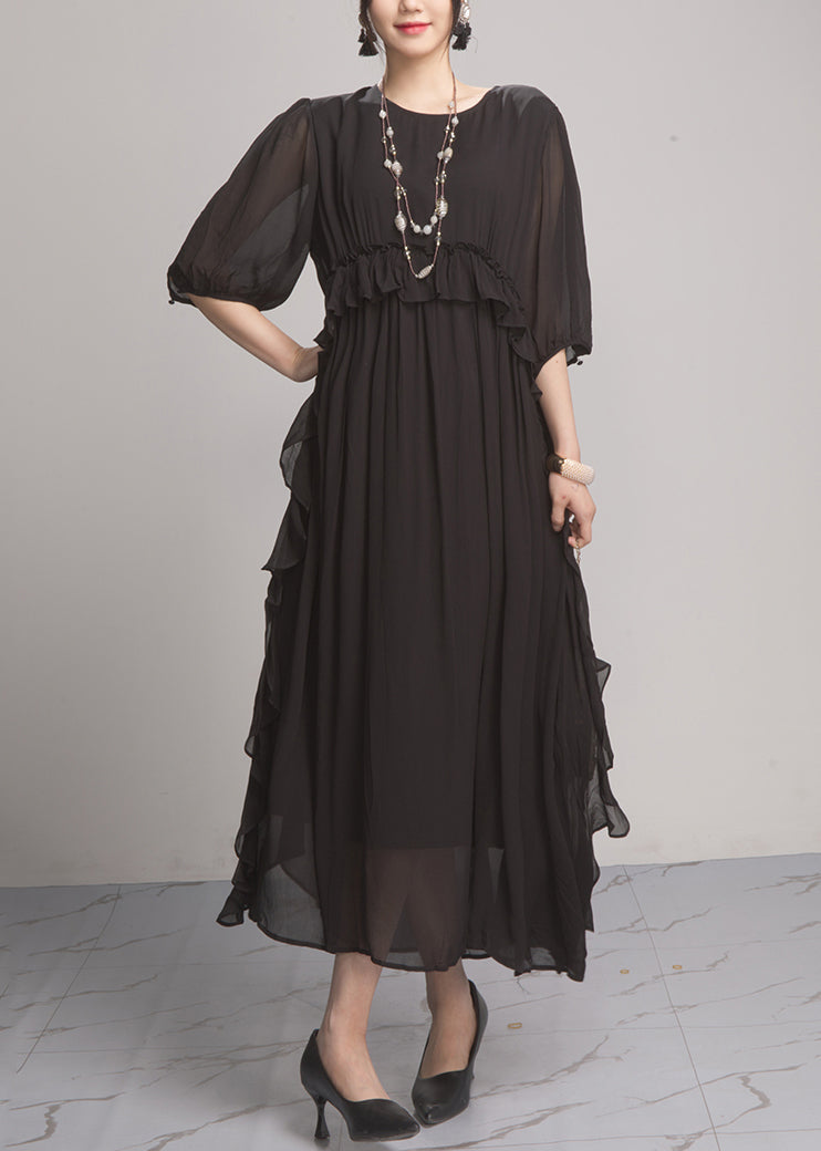 Handmade Green O-neck Ruffled Wrinkled Vacation Chiffon Maxi Dresses Lantern Sleeve
