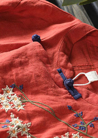 Loose Orange Embroideried Linen Top Half Sleeve