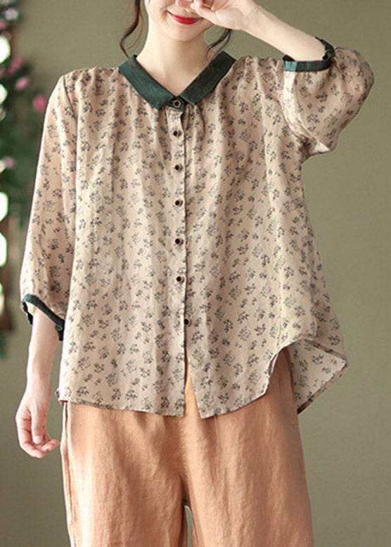 Brown Peter Pan Collar Print Button Linen Shirt Long Sleeve