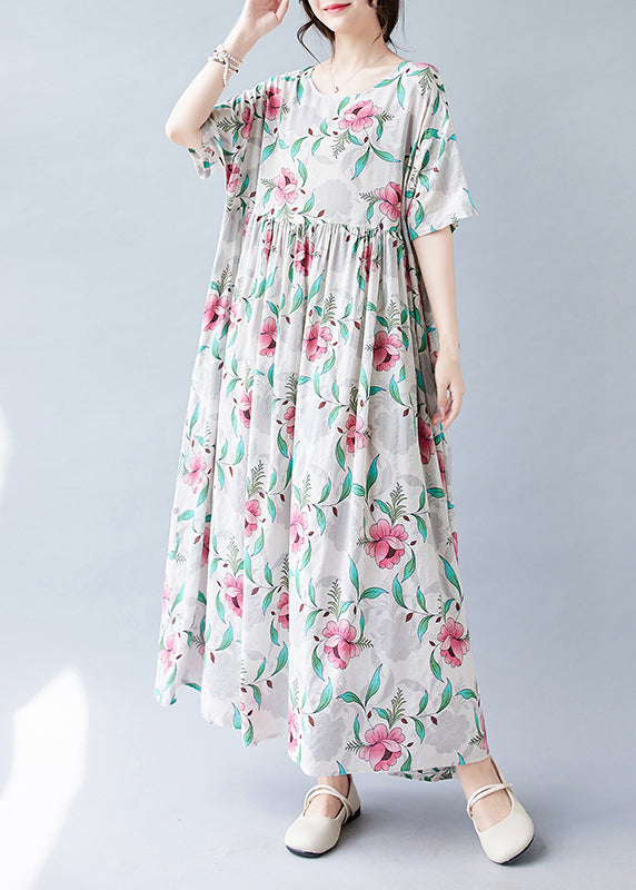 Pink Print Patchwork Holiday Long Dress Short Sleeve