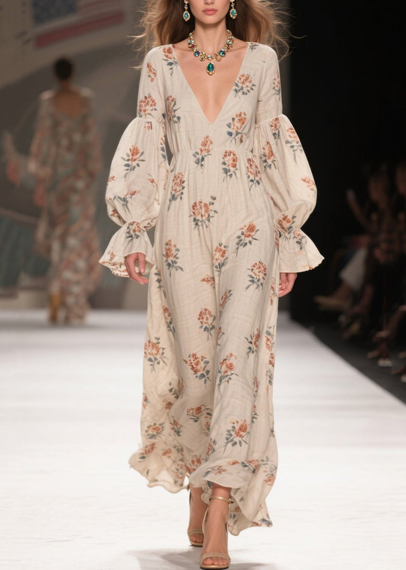 V Neck Print Patchwork Cotton Long Dresses Fall