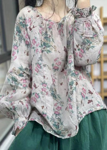 O-neck Print Linen Top Long Sleeve