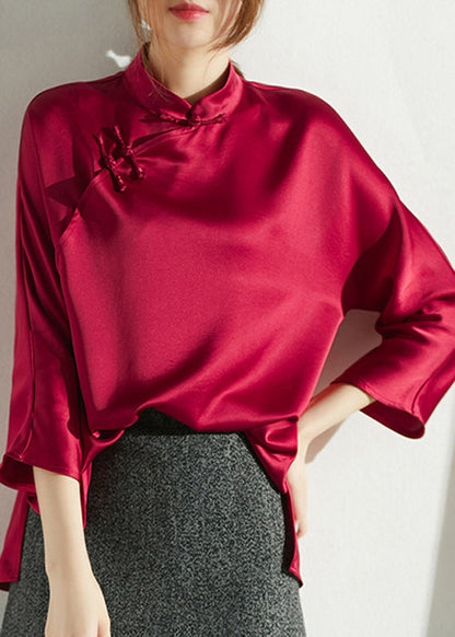 Fine Red Mandarin Collar Side Open Silk Shirt Three Quarter Sleeve