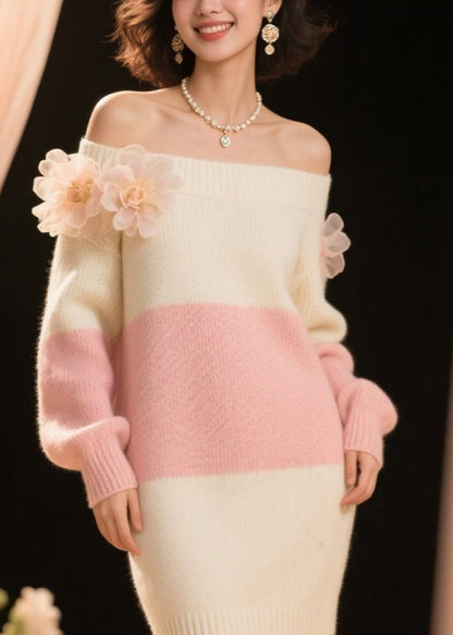 French Colorblock Cold Shoulder Knitted Dress Fall