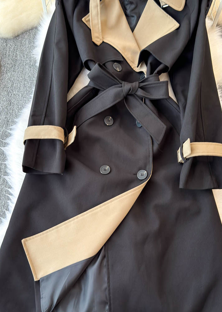 Beige Notched Pockets Button Tie Waist Long Trench Coats Spring