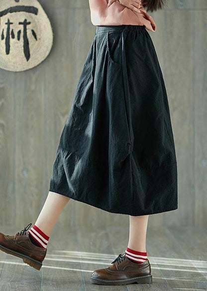 French Black Elastic Waist Lantern Cotton Linen Skirt Summer