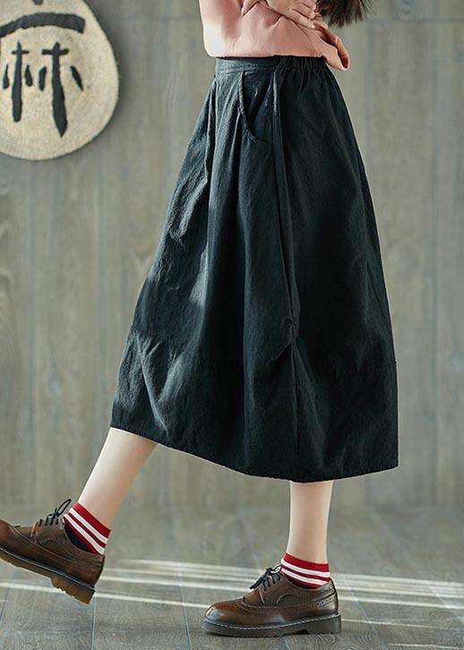 French Black Elastic Waist Lantern Cotton Linen Skirt Summer