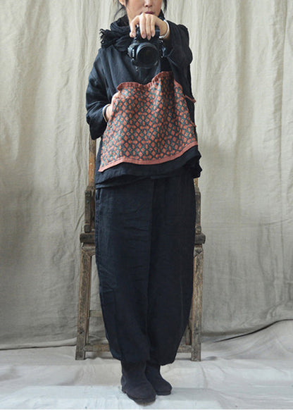 Black O-neck Print Linen Waistcoat and Pants Two Pieces Set Fall