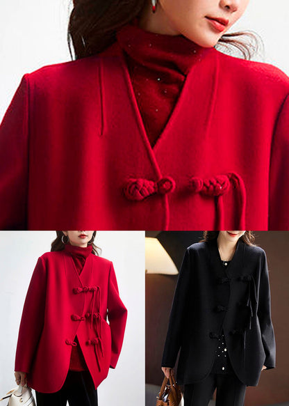 Black Chinese Button Wool Coats Spring