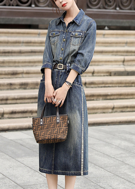 Denim Blue Peter Pan Collar Patchwork Sashes Long Shirts Dresses Fall