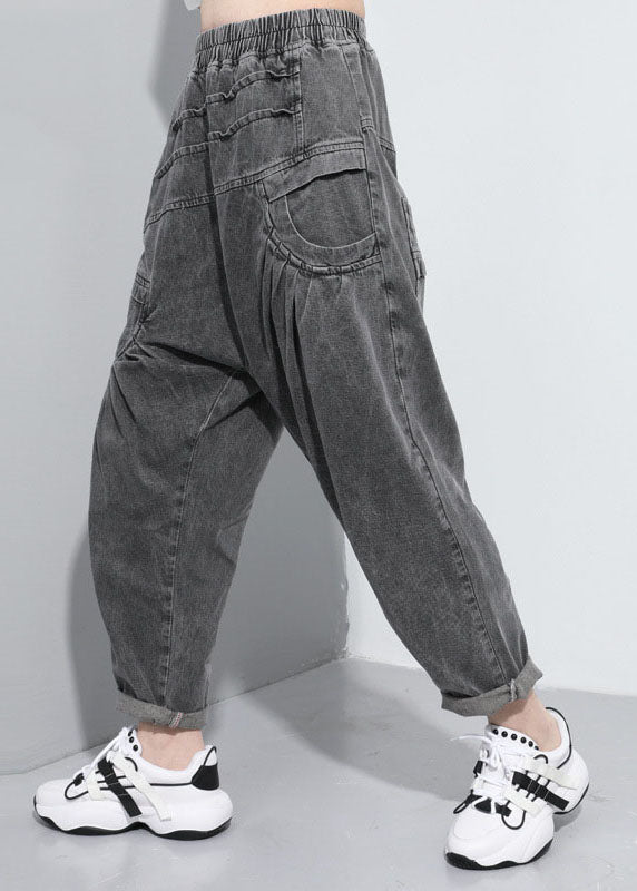 Handmade Black Elastic Waist Pockets Jean Pants Spring