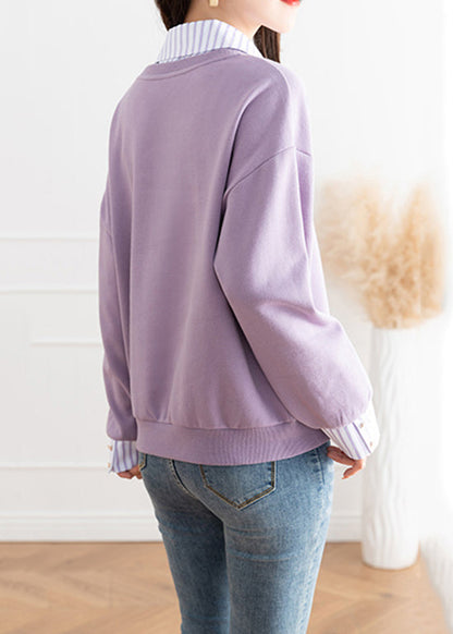 Purple Patchwork False Two Pieces Cotton Top Fall
