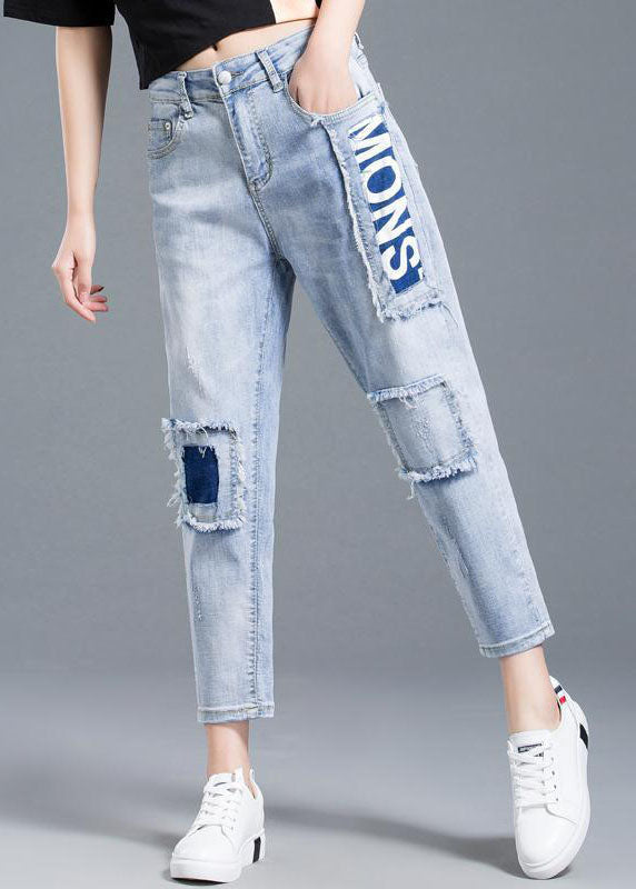 Light Blue High Waist Letter Print Cotton Denim Jeans Summer