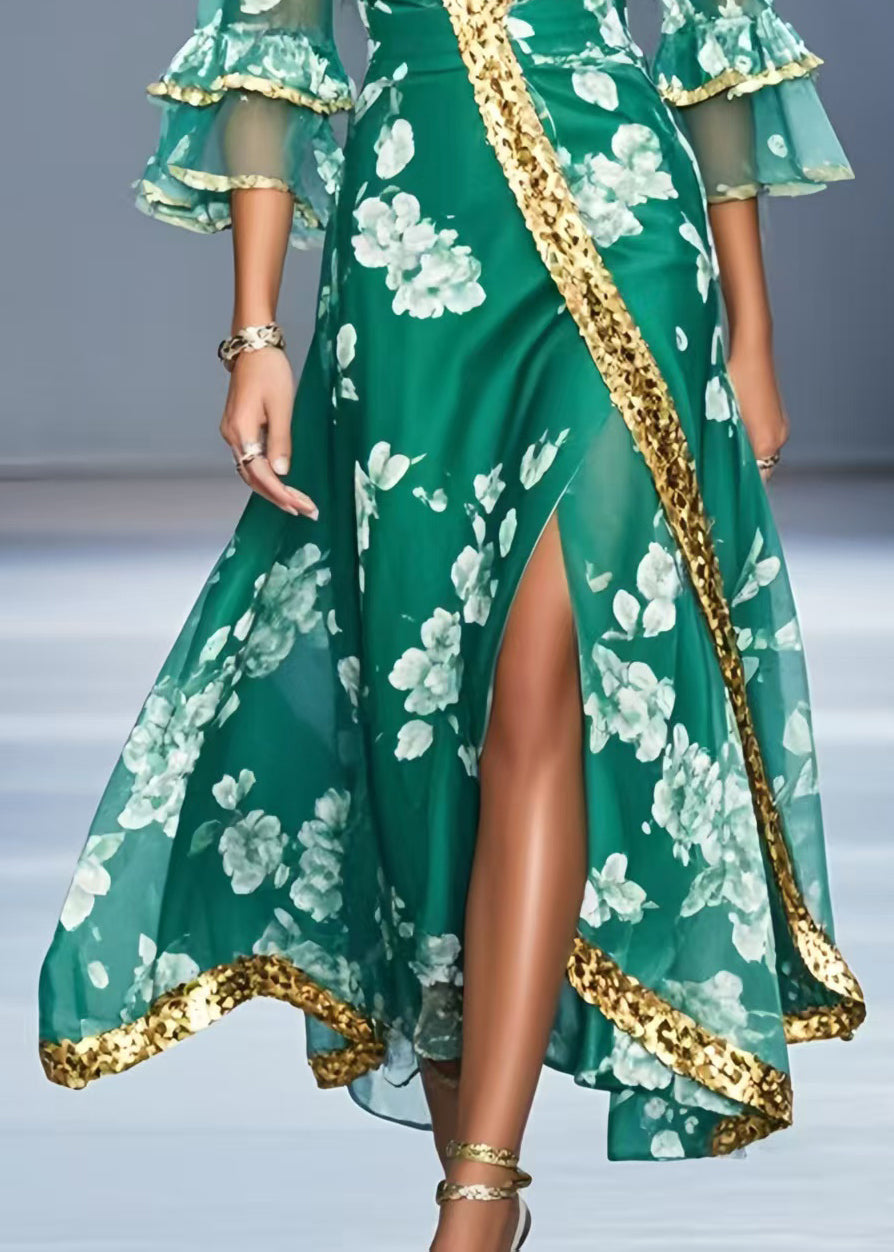 Green V Neck Print Chiffon Holiday Dress Flare Sleeve