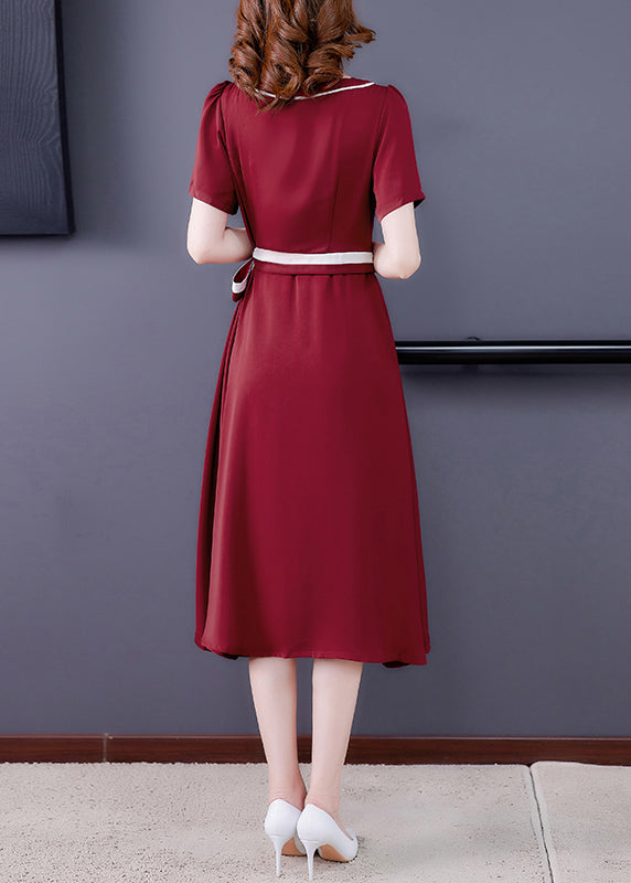 Mulberry O-neck Tie Waist Exra Large Hem Silk Long Dress Short Sleeve