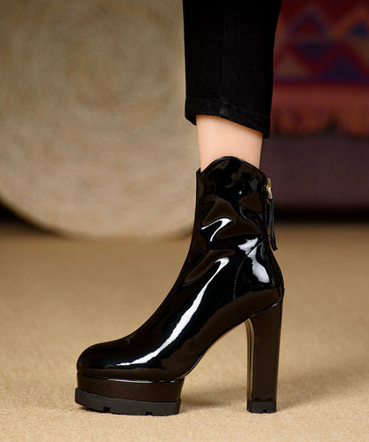 European and American Style High Heel Ankle Boots Black Cowhide Lacquer Leather