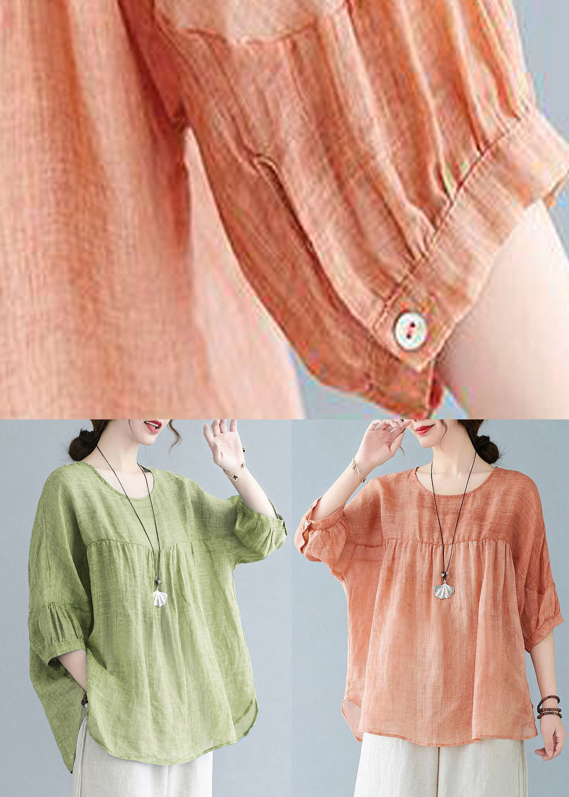 Green O-neck Patchwork Wrinkled Top Half Sleeve