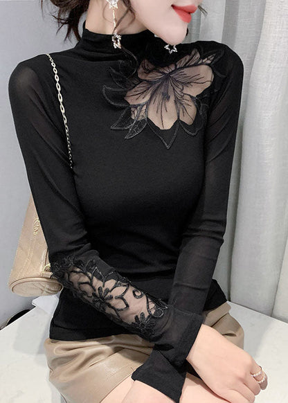 Black Stand Collar Tulle Patchwork Tops Spring
