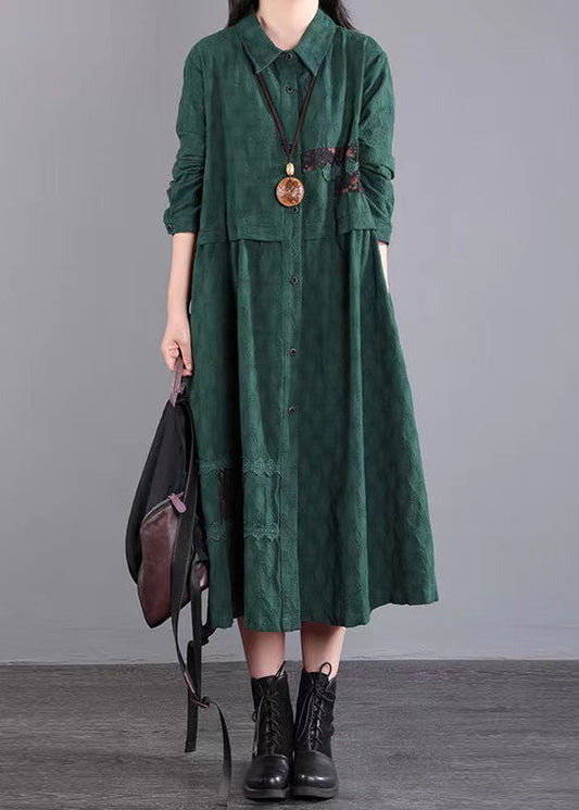 Blackish Green Pockets Patchwork Cotton Shirts Dresses Fall