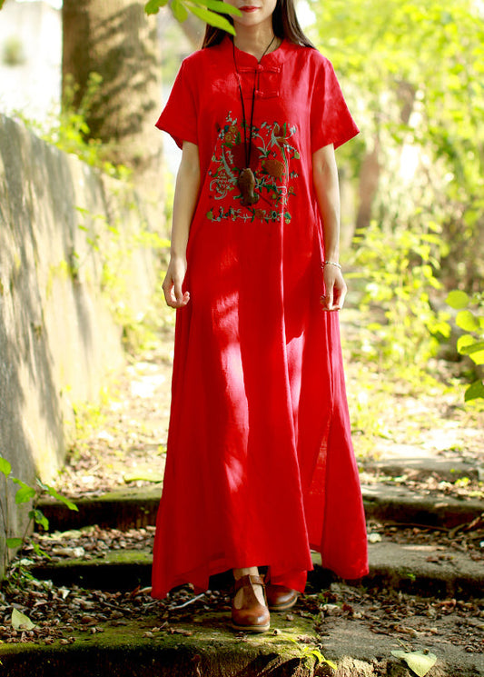 Red Mandarin Collar Side Open Embroideried Long Dress Short Sleeve