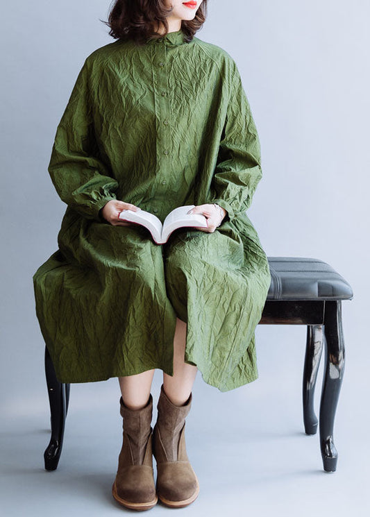 Green Wrinkled Button Cotton Long Dress Spring