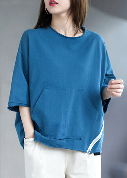 Style Lake Blue O-neck Zip Up Pockets Patchwork Loose Top Half Sleeve