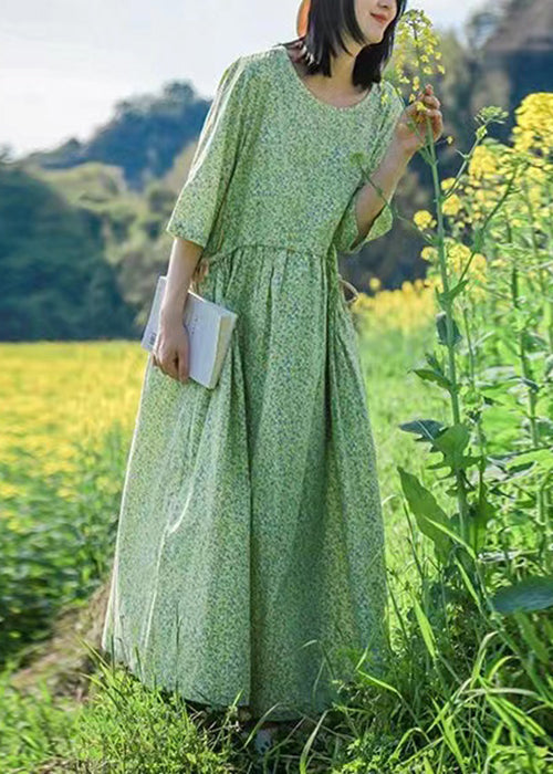 Green O Neck Print Lace Up Cotton Dresses Half Sleeve