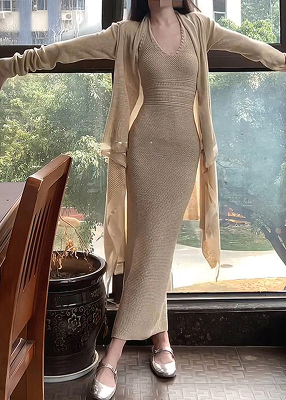 Apricot O-neck Halter Tunic Knit Cardigans and Long Dress Two Piece Set Fall