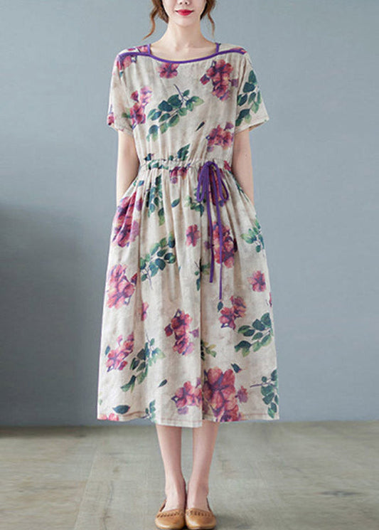 O-neck Print Wrinkled Linen Long Dress Short Sleeve