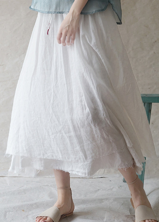White Elastic Waist Drawstring Double-deck Linen Skirts Spring