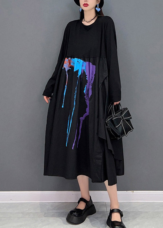 Classy Black O-neck Wrinkled Print Asymmetrical Patchwork Long Dresses Long Sleeve