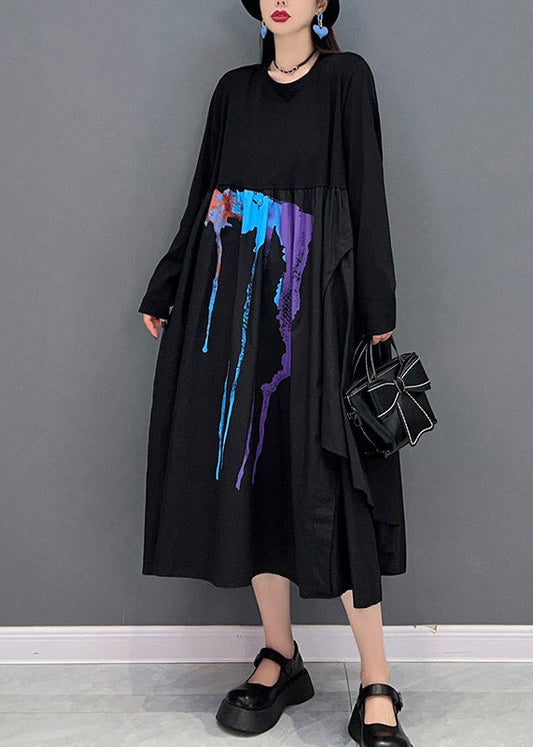 Classy Black O-neck Wrinkled Print Asymmetrical Patchwork Long Dresses Long Sleeve