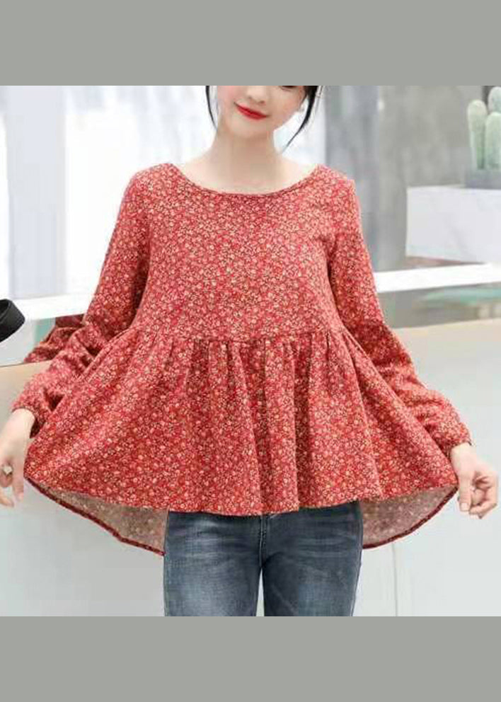 Retro Red Print Patchwork Cotton Top Long Sleeve