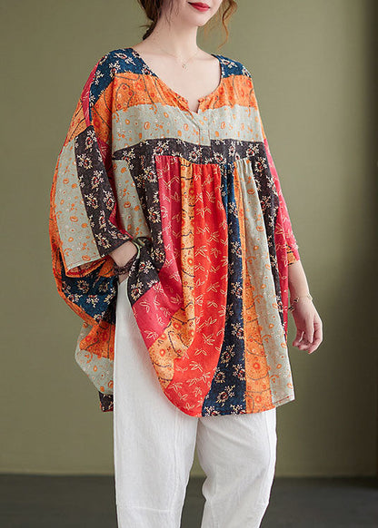 Rainbow V Neck Print Patchwork Fall Shirt Top Three Quarter Sleeve