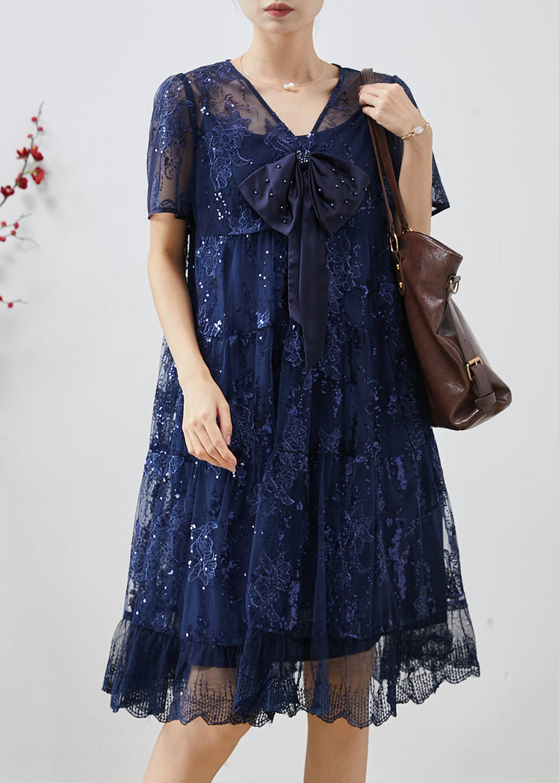 Diy Navy Sequins Embroidered Tulle Bow Dresses Summer