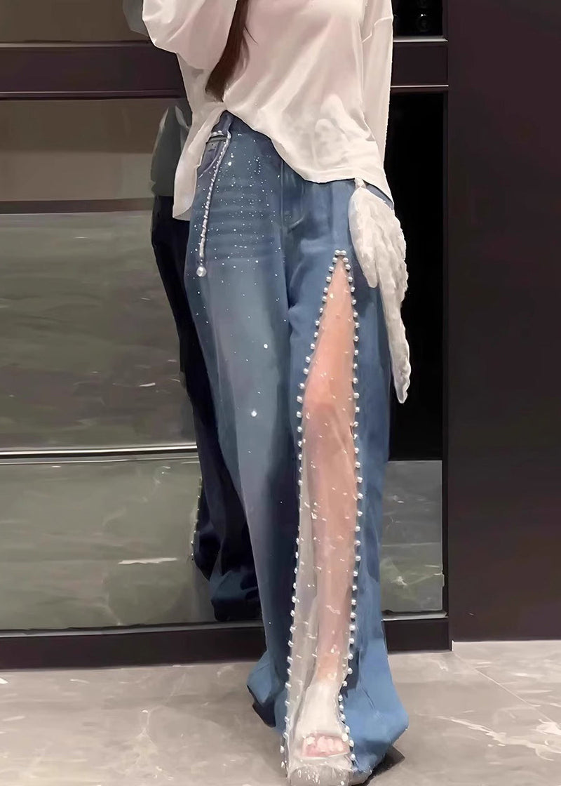 Blue Oversized Patchwork Lace Denim Straight Pants Fall