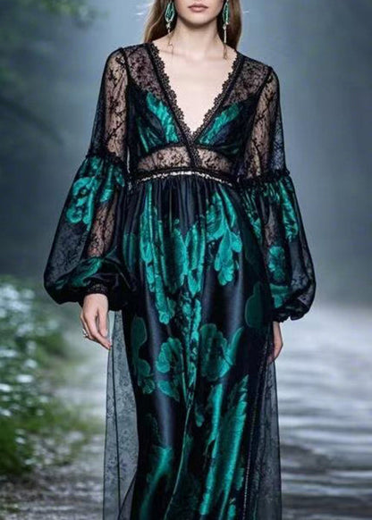 Black Lace Patchwork Silk Long Dresses Spring