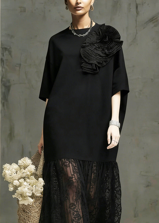 Boutique Black O Neck Lace Patchwork Cotton Dress Summer