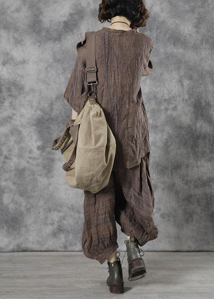Style Chocolate Stand Button Asymmetrical Design Linen Fall Half Sleeve Two Pieces Set