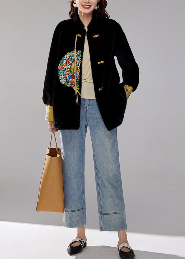 Black Embroidered Tasseled Faux Mink Velvet Coats Winter