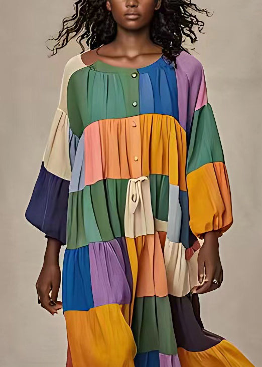 Button Lace Up Patchwork Cotton Long Dresses Long Sleeve
