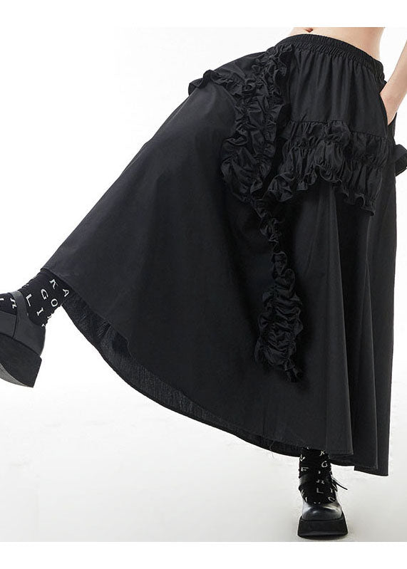 Black Elastic Waist Ruffled a Line Skirts Spring