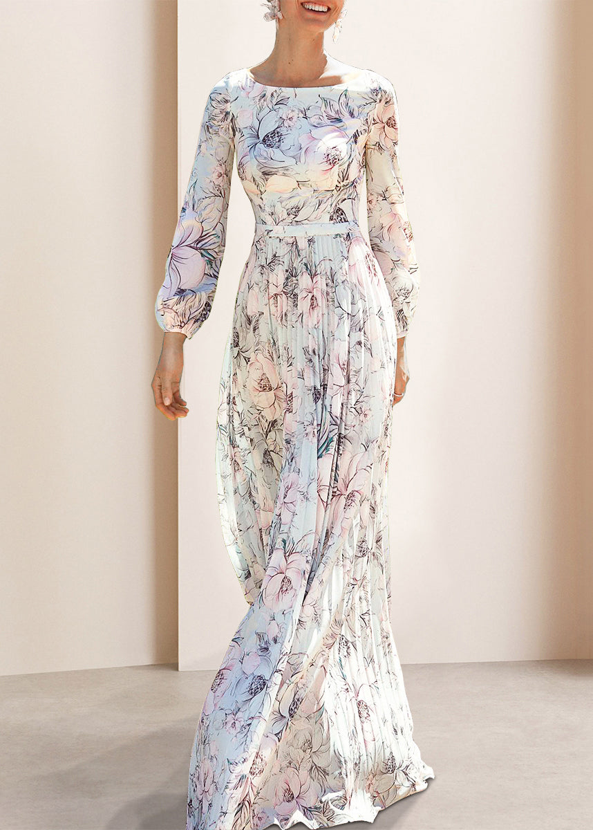 Light Blue Print Wrinkled Chiffon Ankle Dress Fall