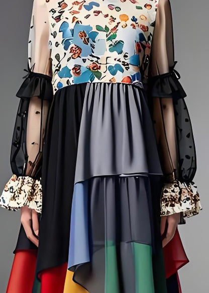 O Neck Print Organza Patchwork Chiffon Dress Long Sleeve